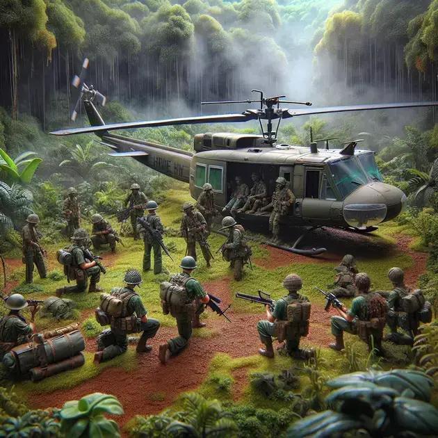 Dioramas Da Guerra Do Vietnã Com Soldados Camuflados E Helicópteros Huey