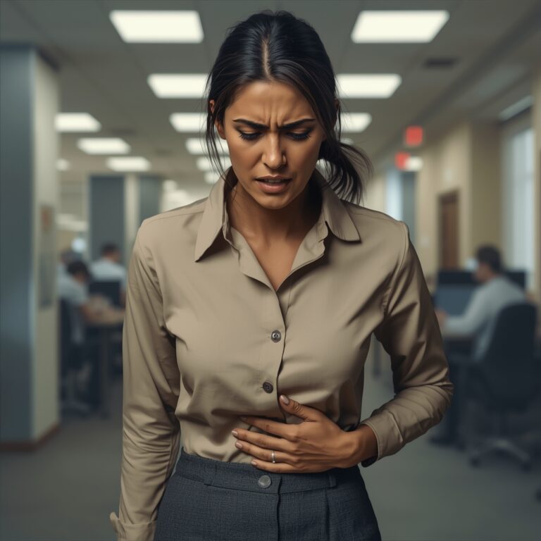 Pessoa com leve desconforto abdominal observando sinais de infecção intestinal.