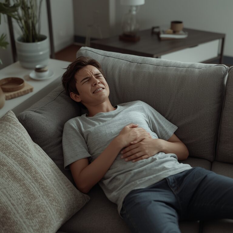 Pessoa com dor abdominal, um dos principais sintomas de infecção intestinal.