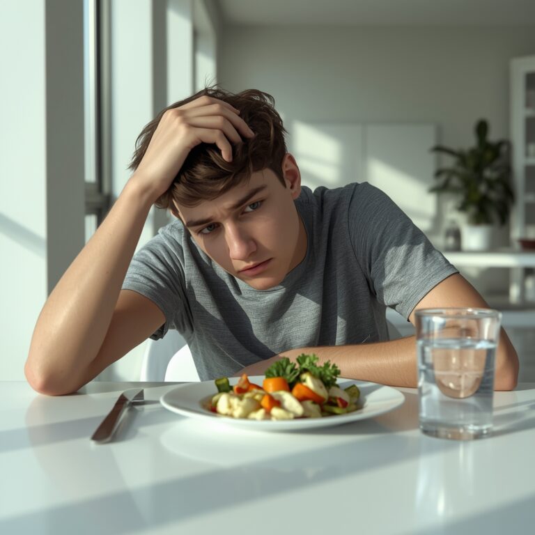 Menino observando seu corpo, para recuperar seu bem-estar digestivo
