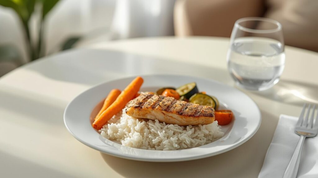 Refeição leve e equilibrada, ideal para aliviar sintomas iniciais de infecção intestinal — arroz, peixe grelhado e legumes cozidos.