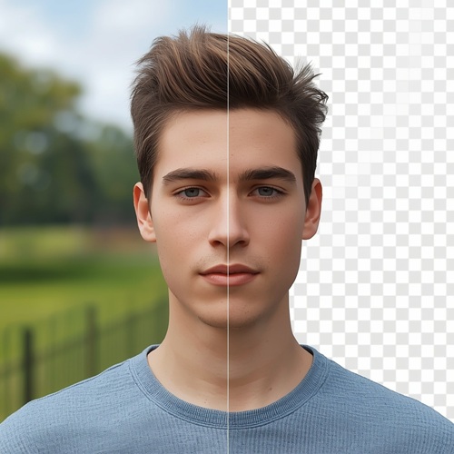 Imagem de antes e depois da remoção de fundo de imagem, mostrando a diferença entre foto com fundo e foto transparente