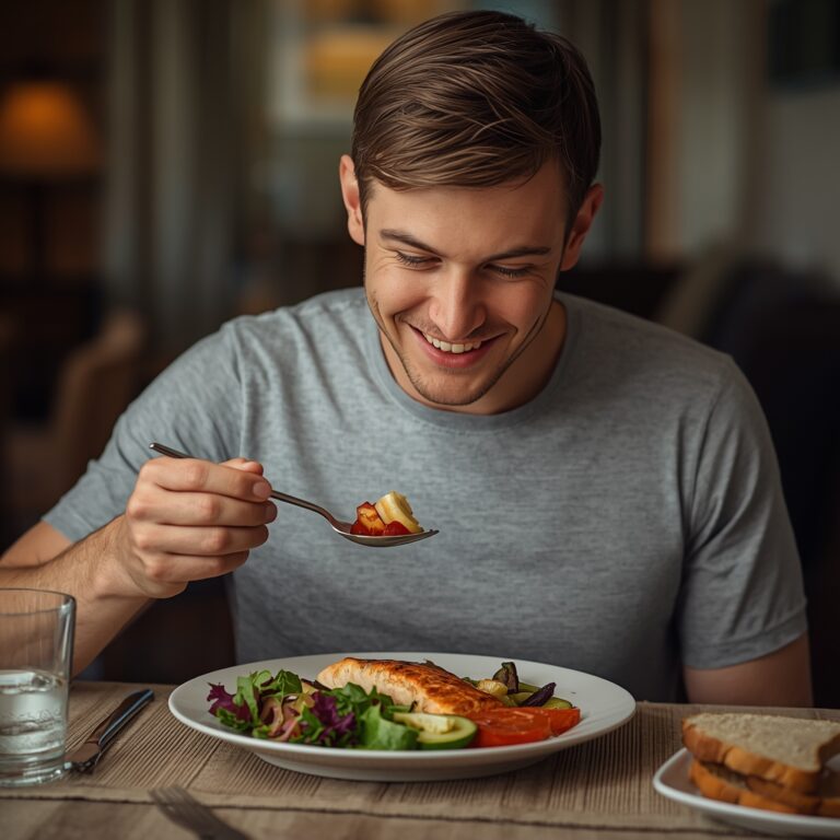 Jovem sentado à mesa, comendo um prato rico em Vitamina B12.